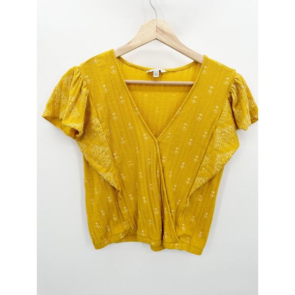 Lucky Brand Yellow Floral Flutter V-Neck Shirt Women's Size X-Small XS - Picture 1 of 7